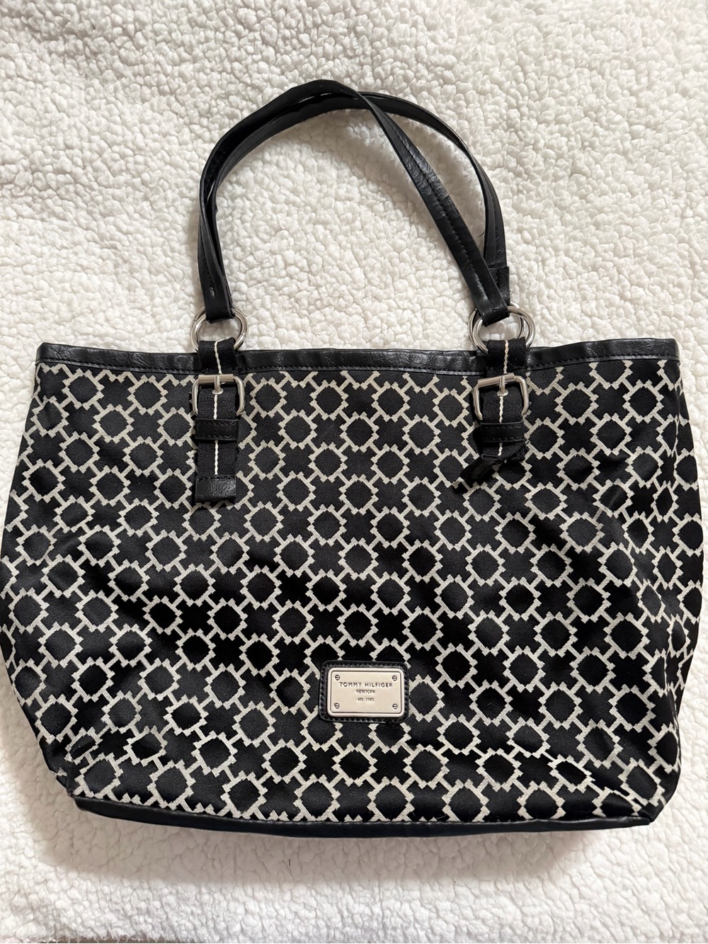 Tommy Hilfiger Black and White Geometric Tote with Top Handles